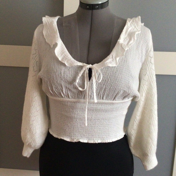 Free People Tops - Free People Billie Cascade Ruffle Tie Scoop Neck 3/4 Puff Sleeve Smocked Sweater